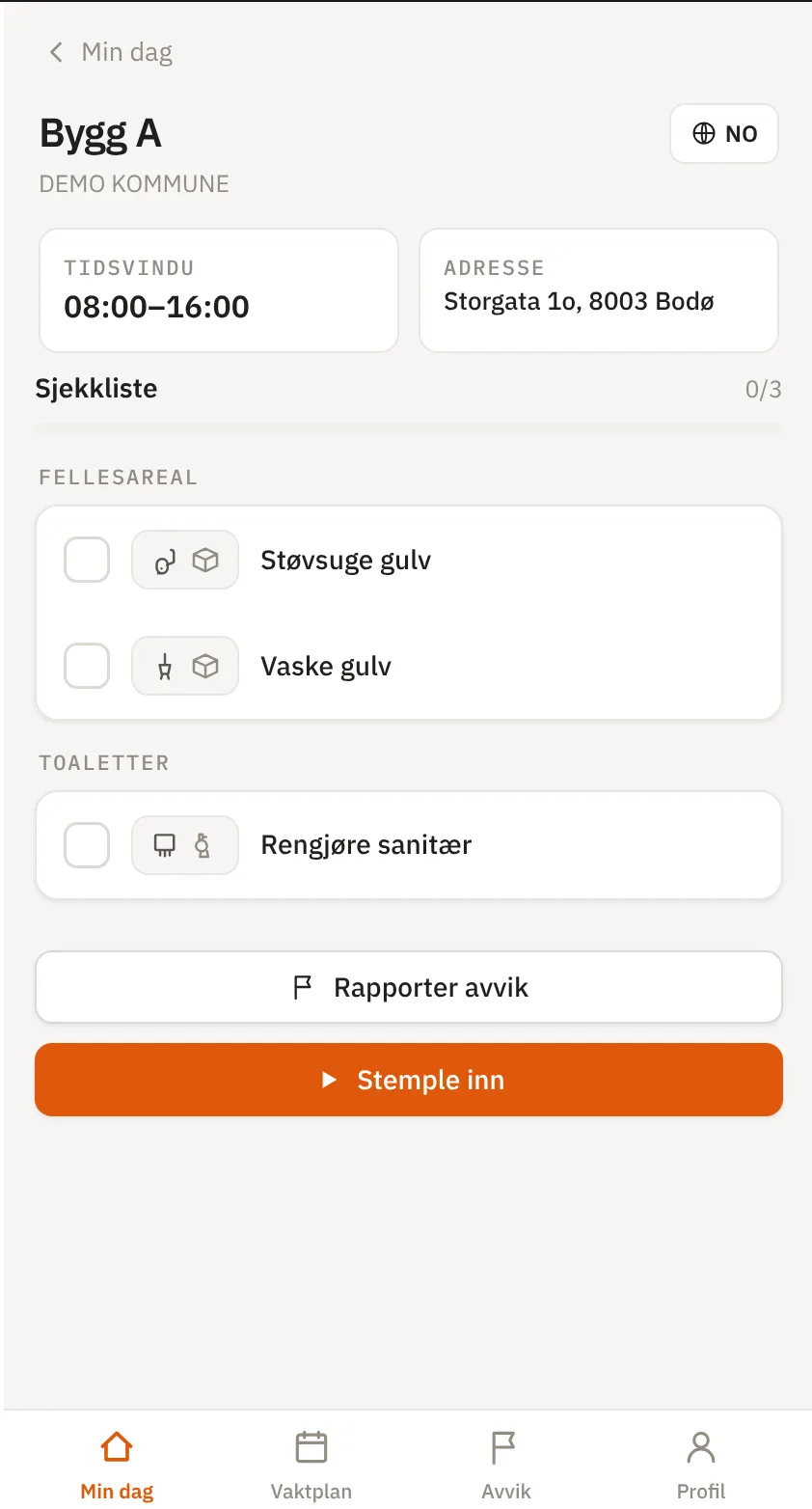 Tidur-feltappen: oppdrag med sjekkliste, avviksrapportering og innstempling