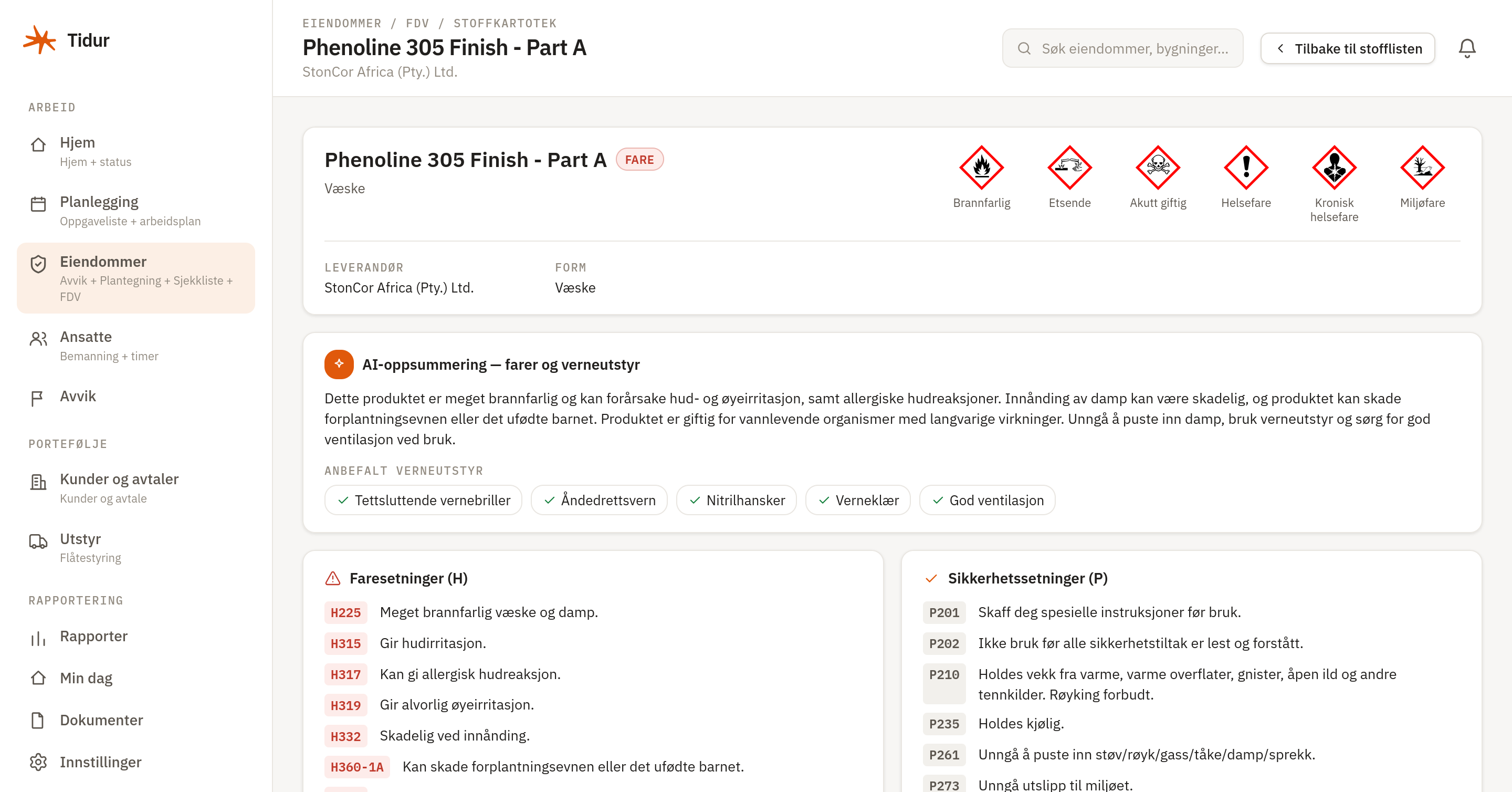Stoffkartotek-kort i Tidur med faremerking, AI-oppsummering, faresetninger og sikkerhetssetninger.