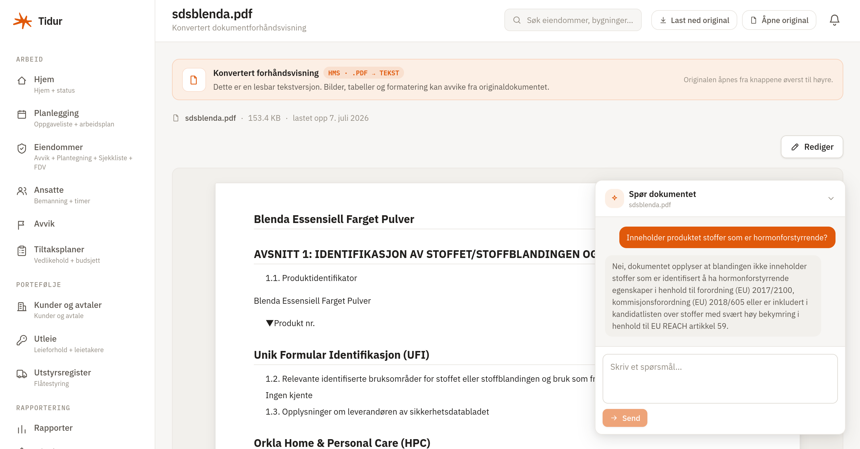 Dokumentbibliotek i Tidur med innholdssøk, KI-chat og dokumenttvilling.