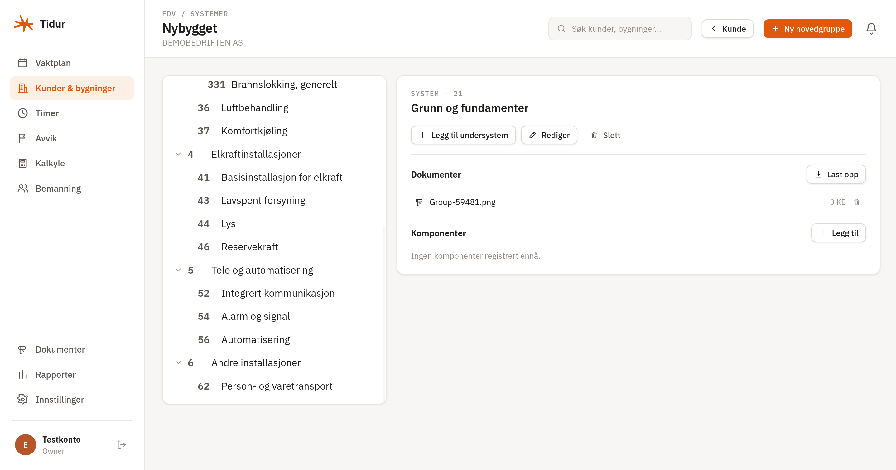 Tidur FDV-register med NS 3451-systemtre, dokumenter og komponenter per system